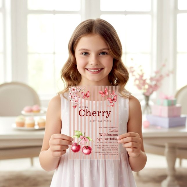 Watercolor Cherry Butterfly Acrylic Invite Invitations (Creator Uploaded)