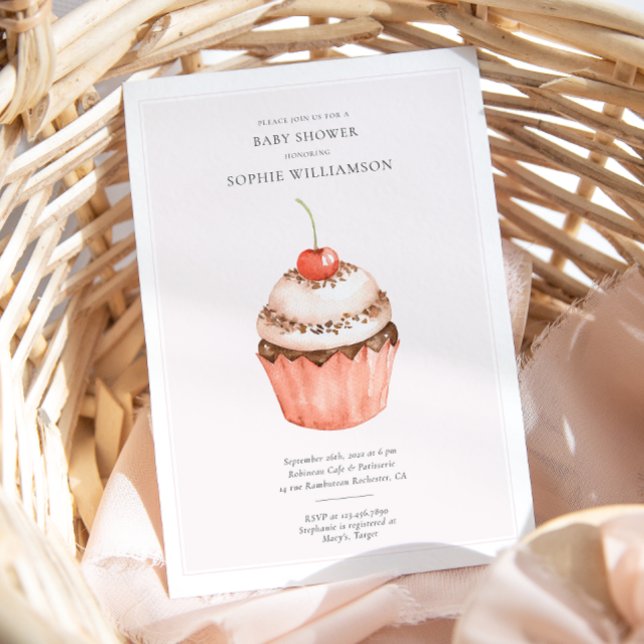 Watercolor Cherry Cupcake Baby Shower  Invitation (Creator Uploaded)
