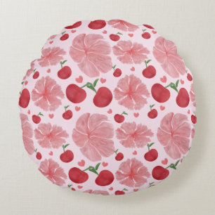 Watercolor Cherry Floral Pattern, Cute Cherries  Round Cushion