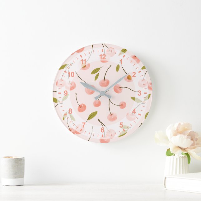 Watercolor Cherry Pattern Large Clock (Home)