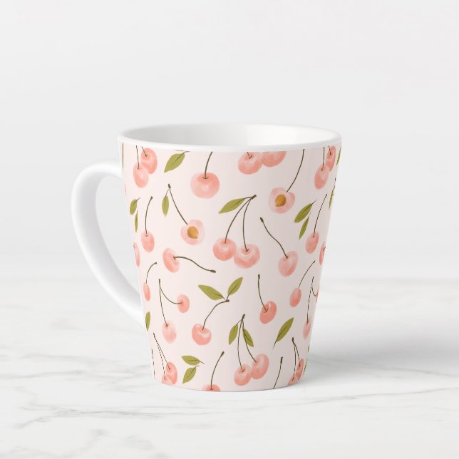 Watercolor Cherry Pattern Latte Mug (Left Angle)