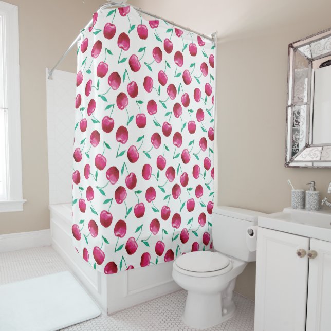 Watercolor Cherry Pattern Shower Curtain (In Situ)