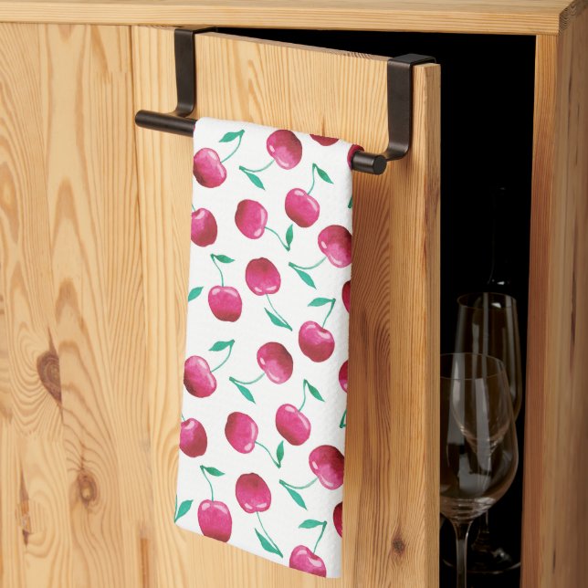 Watercolor Cherry Pattern Tea Towel (Thirds Fold)