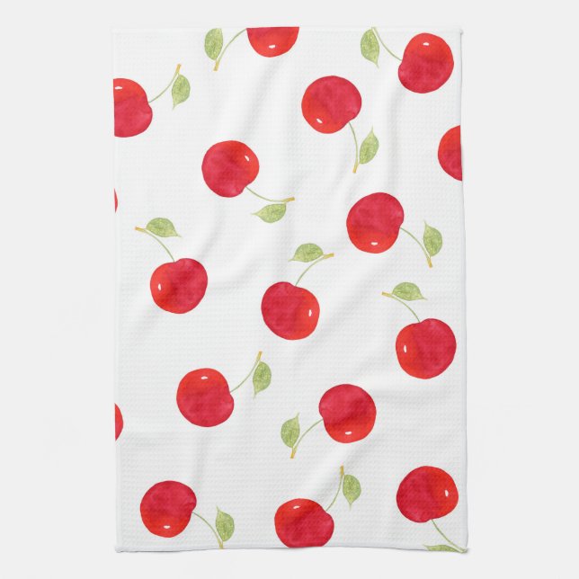 Watercolor Cherry Pattern Tea Towel (Vertical)