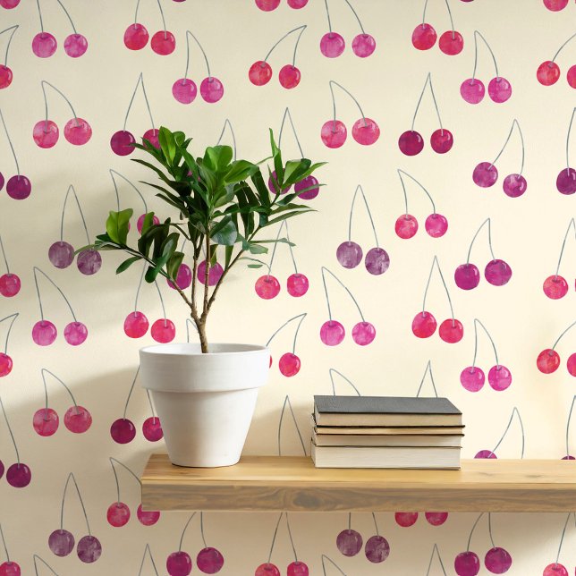 Watercolor Cherry Pattern Wallpaper (Sweet watercolor cherry pattern art wallpaper In cream)