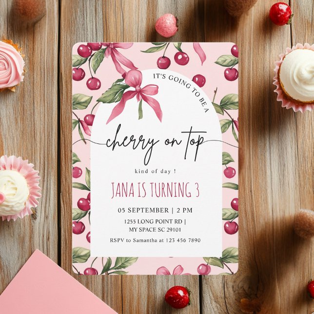 Watercolor Cherry Red & Pink Kids Birthday Invitation (Creator Uploaded)