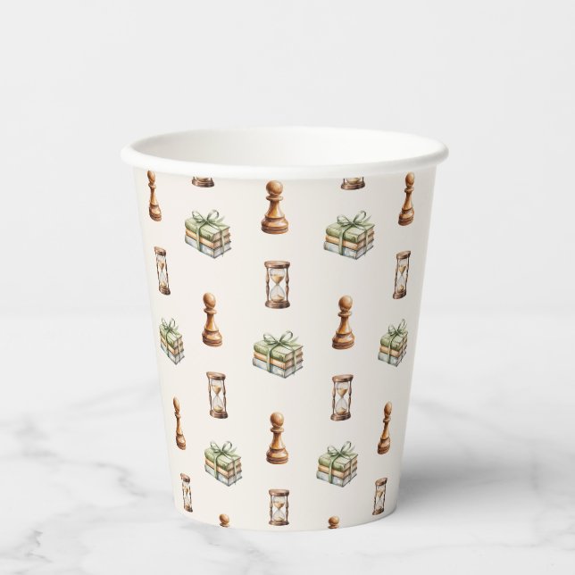 Watercolor Chess Pattern Boy First Birthday Paper Cups (Front)