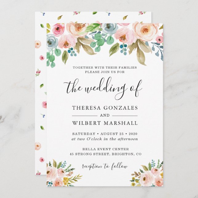 Watercolor Chic Floral Photo Wedding Invitation (Front/Back)