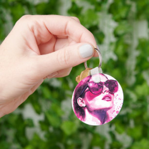 Watercolor Chic Glam Fashion Woman Portrait Key Ring