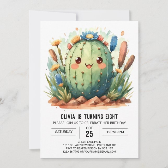 Watercolor Chic Kids Cactus Boy Birthday Invitation (Front)