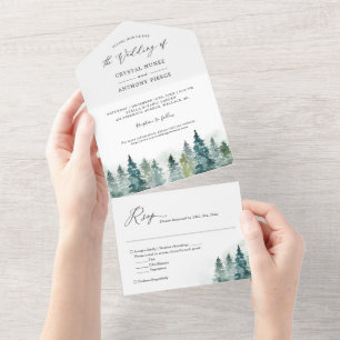 Watercolor Chic Pine Tree Forest Winter Wedding All In One Invitation