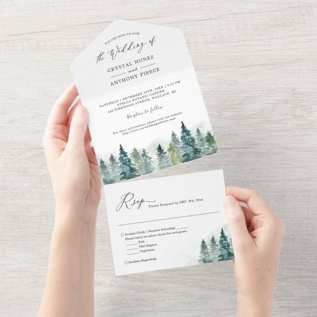 Watercolor Chic Pine Tree Forest Winter Wedding All In One Invitation (Tearaway)