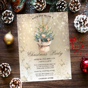 Watercolor Chic Pine Tree Snowflakes Gold  Invitation