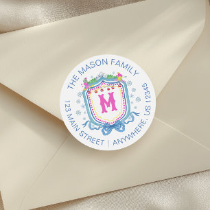 Watercolor Chic Ski Monogram Crest Classic Round Sticker
