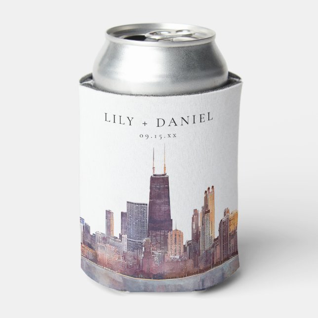 Watercolor Chicago Skyline Wedding Can Cooler (Can Front)