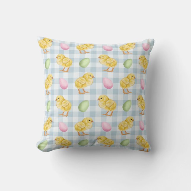 Watercolor Chick And Eggs On Blue Gingham Pattern Cushion (Front)