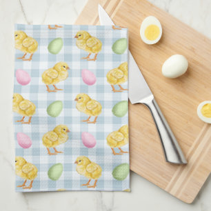 Watercolor Chick And Eggs On Blue Gingham Pattern Tea Towel