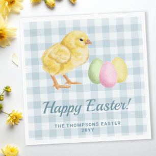 Watercolor Chick And Eggs On Blue Happy Easter Napkin