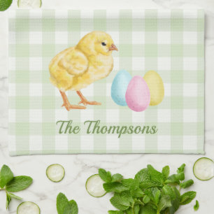 Watercolor Chick And Eggs On Green With Name Tea Towel