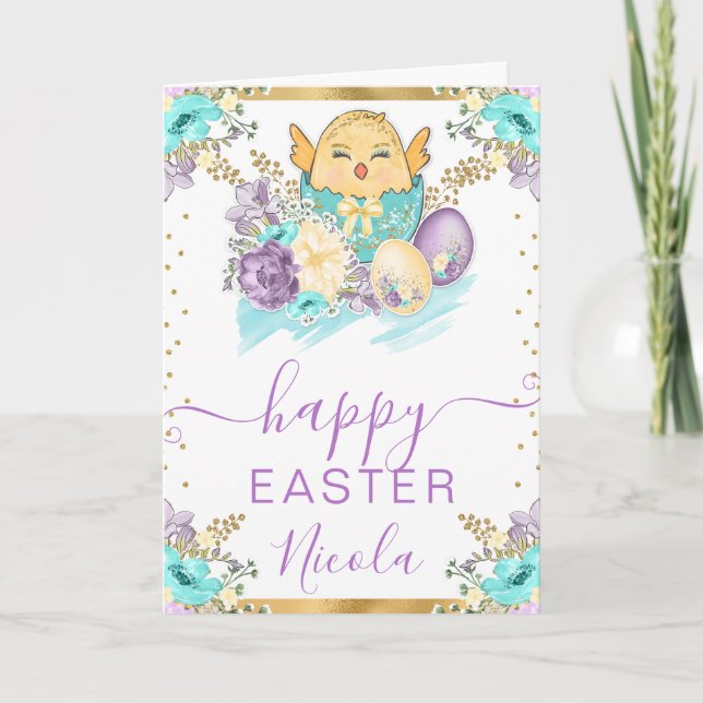Watercolor Chick and Flowers Happy Easter Card (Front)