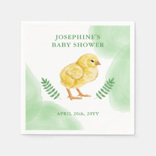 Watercolor Chick And Green Leaves Baby Shower Napkin