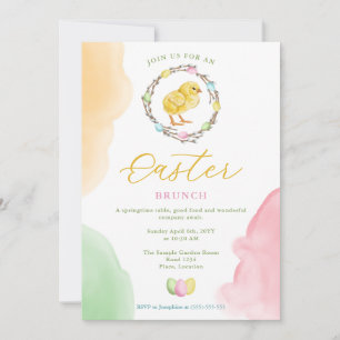 Watercolor Chick And Pastel Wreath Easter Brunch Invitation