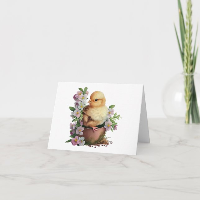 Watercolor Chick in Pot with Flowers BLANK  Card (Front)