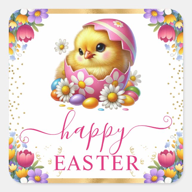 Watercolor Chick Spring Flowers Happy Easter Square Sticker (Front)