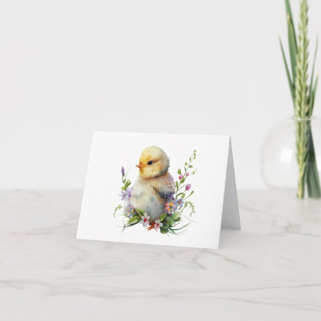 Watercolor Chick with Flowers BLANK  Card (Front)