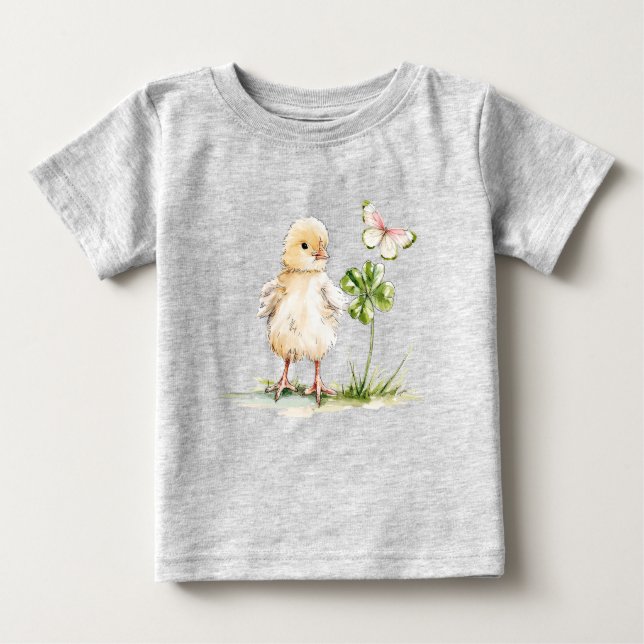 Watercolor Chick With Four-Leaf Clover  Baby T-Shirt (Front)