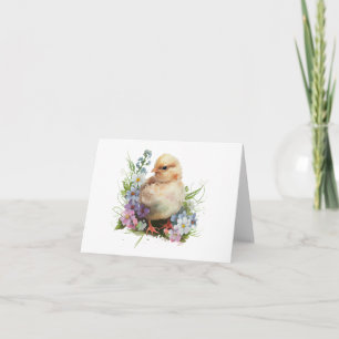 Watercolor Chick with Many Flowers BLANK Card