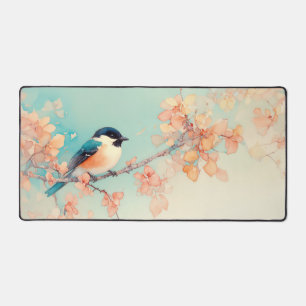 Watercolor Chickadee Aqua Peach Blossom Desk Mat
