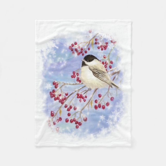 Watercolor Chickadee & Berries Frosty Winter Scene Fleece Blanket (Front)