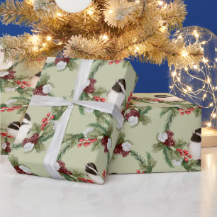 Watercolor Chickadee Bird Christmas Wreath Wrapping Paper