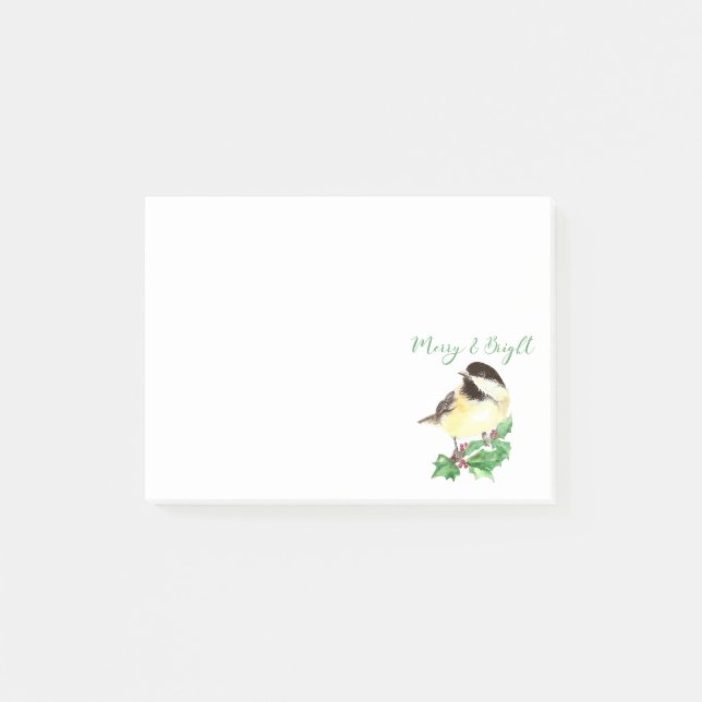 Watercolor Chickadee Bird Merry & Bright Christmas Post-it Notes (Front)