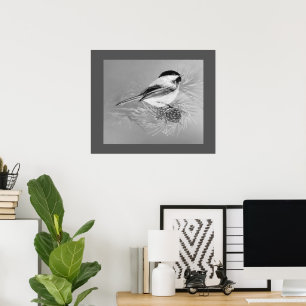 Watercolor Chickadee Bird Pine Cone Nature Art Poster