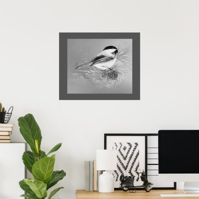 Watercolor Chickadee Bird Pine Cone Nature Art Poster (Home Office)