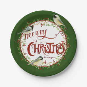 Watercolor Chickadee Birds Merry Christmas Wreath Paper Plate