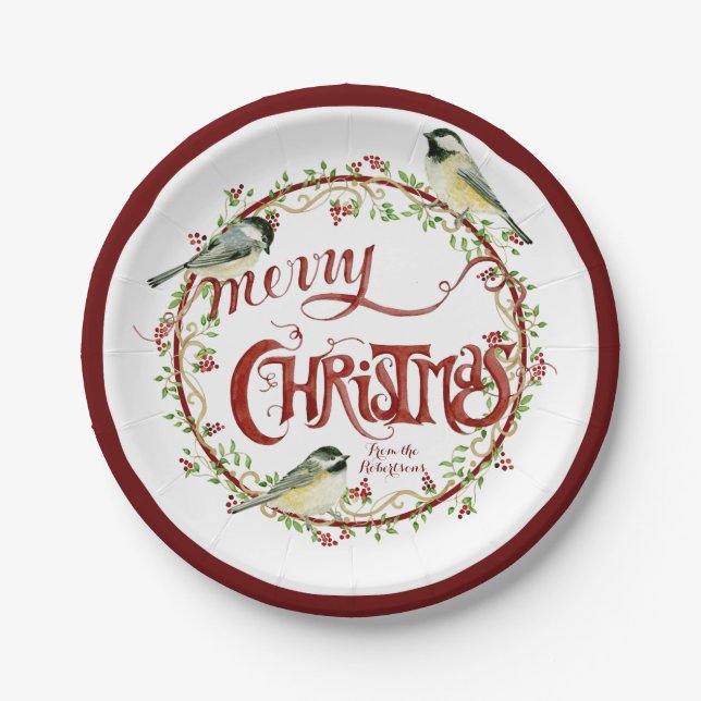 Watercolor Chickadee Birds Merry Christmas Wreath Paper Plate (Front)