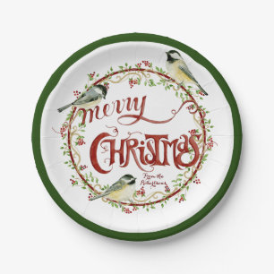 Watercolor Chickadee Birds Merry Christmas Wreath Paper Plate