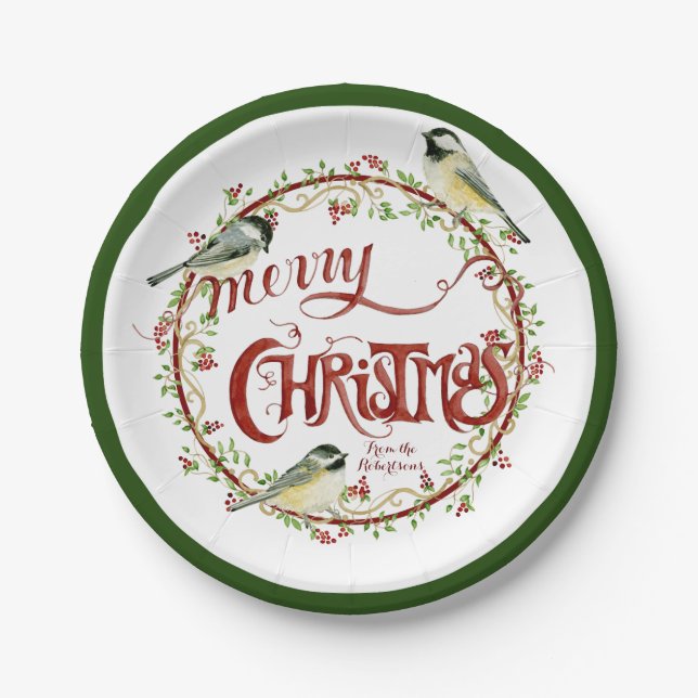 Watercolor Chickadee Birds Merry Christmas Wreath Paper Plate (Front)