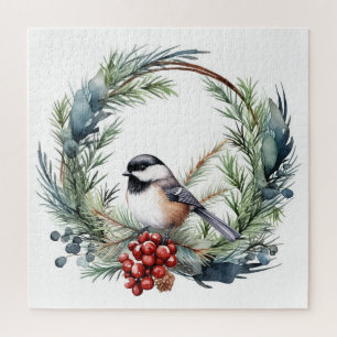 Watercolor Chickadee Cute Christmas Bird Jigsaw Puzzle