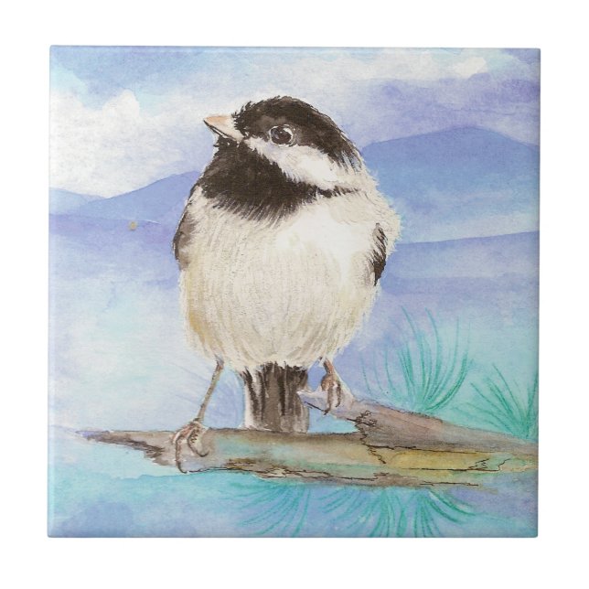 Watercolor Chickadee Cute Little Bird Art Tile (Front)