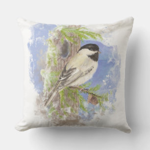 Watercolor Chickadee in Spruce Tree Bird Nature Outdoor Cushion