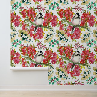 Watercolor Chickadee On Pink Floral Branch Wallpaper