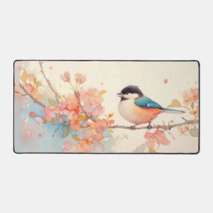 Watercolor Chickadee Peach Blossom Coral Orange Desk Mat