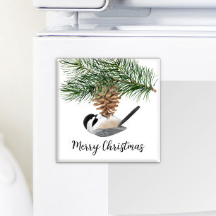 Watercolor Chickadee Pine Cone Winter Christmas Magnet