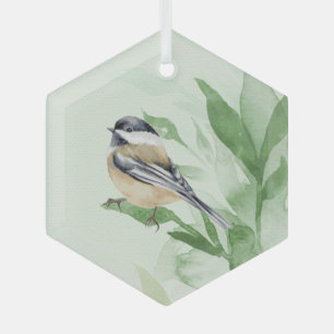 Watercolor Chickadee Spring Willow Leaves Glass Tree Decoration