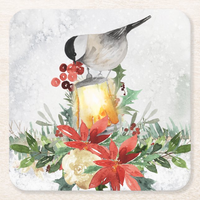 Watercolor Chickadee Square Paper Coaster (Front)