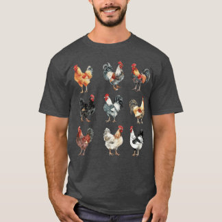 Watercolor Chicken Breeds Rooster Hen Poultry Farm T-Shirt